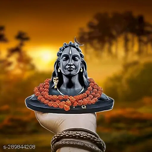 Resin Adiyogi statue with Rudraksha Mala, moon on head miniature murti for car dash, home puja and office temple decor. Product dimensions: 10cm x 10cm x 9cm. Indian origin