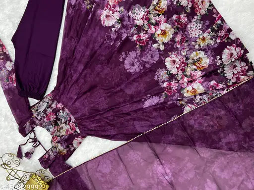 Pink Organza and Silk Flaired Saree Set with Kali Pattern, Pure Soft Organja silk, Pent Pink Color