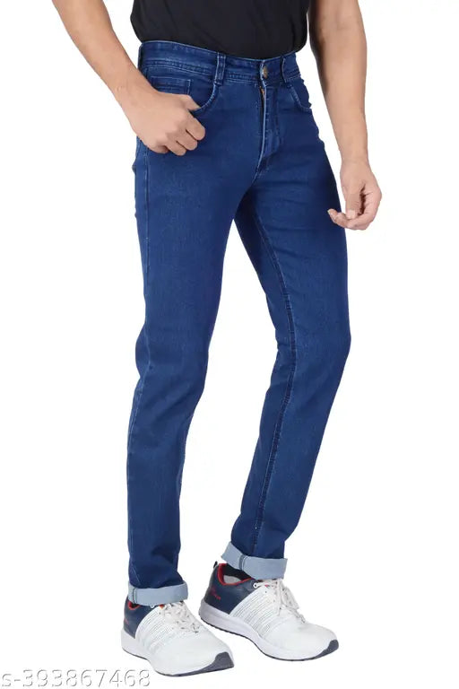 Dark blue denim slim jeans by REGY - high-quality, comfortable, and versatile men's pants for casual, office, or party wear. Perfect for a smart look with a tee or shirt. Made in India (Size 32: Waist 32in, Length 41in, Hip 40in)