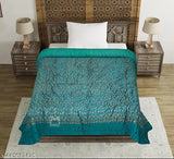 Silk gold printed cotton single bed quilt - Rama Greeen by PINAARAS INTERIOR, floral hand block print from Jaipur