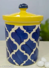 Handcrafted ceramic food storage jar (yellow & blue), multipurpose for pickles, dry fruits, spices at home kitchen - freezersafe, Indian artistry