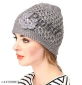 Grey woolen knitted cap, handmade with flower design for winter, PinKit Fancy style