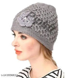 Grey woolen knitted cap, handmade with flower design for winter, PinKit Fancy style
