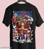 One Piece Anime graphics printed cotton blend T-shirt for men, both sides. Short sleeves, printed net design. Model height: 6'0, wearing size L. Made in India