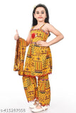 Yellow and red mixed cotton blend palazzo pants set with sleeveless top and dupatta for girls, featuring self-design and comfortable drawstring closure