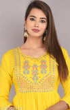 Yellow Rayon Anarkali Kurta with embroidery, three-quarter sleeves. Indian women's fashion wear on display." (123 characters)
