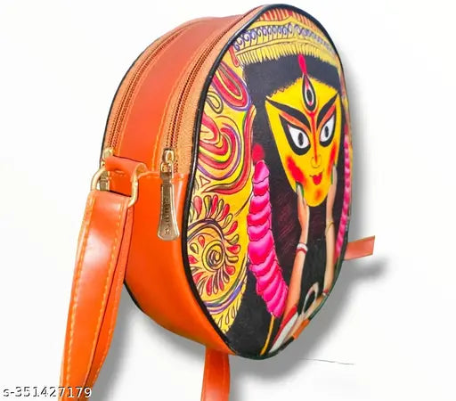 Indian round shape digital printed faux leather sling bag, 3 compartments, Durga idol design