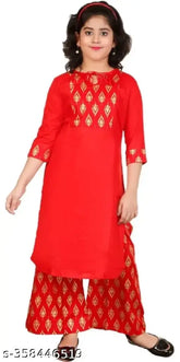 Rayon girls' festive Kurta Palazzo set with three-quarter sleeves, printed net pattern for party wear (Sizes: 3-4Y to 12-13Y)
