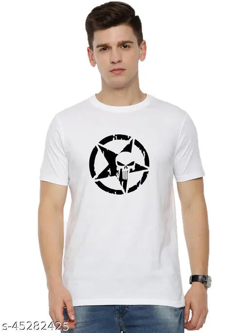 Organic Chics Skull Star Graphic Printed White Men's Cotton T-Shirt, 100% premium, non-shrinkable, ideal for gym & events, made in India