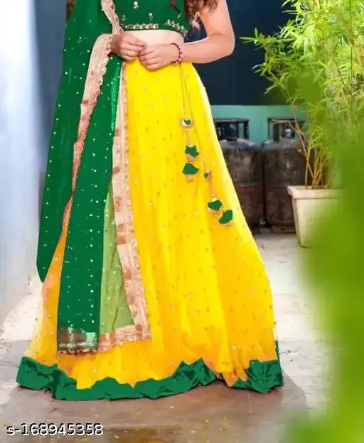 Embroidered Semi-Stitch cotton linen lehenga choli set with net dupatta and stonework, free size Indian bridal wear