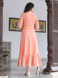 Peach rayon floral embroidered Anarkali Kurta, indigo-red-pink-orange-yellow print, sequins, beads, tassels, side slits, festive wear for women, made in India