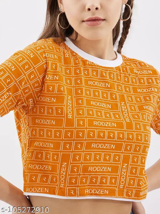 Mustard cotton crop t-shirt, Rodzen women's typography design, short sleeves, India-origin