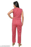 Red cotton blend sleeveless printed net jumpsuit for women, size S (36in bust, 48in length, 28in waist) - India