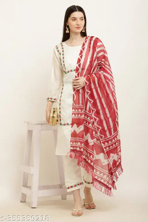 Chanderi silk embroidered white kurti set with palazzos and dupatta, traditional wear for women