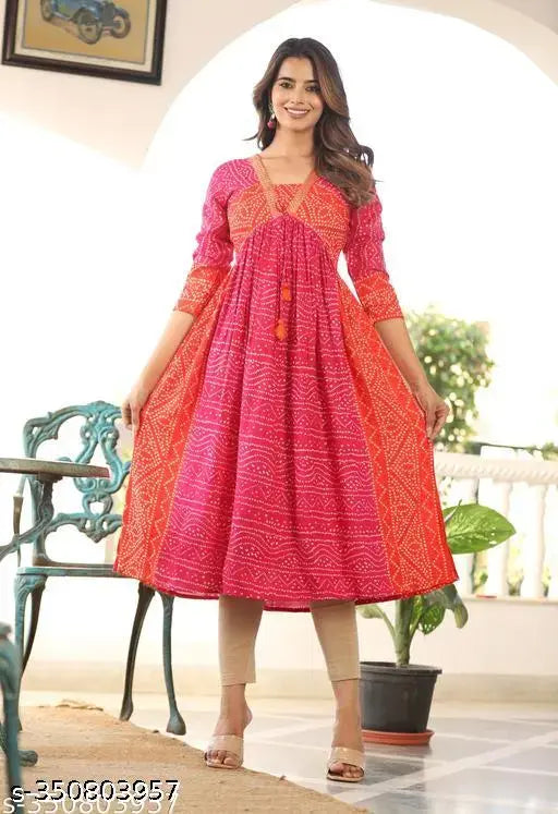 Alya pink bendaj print rayon kurta, three-quarter sleeves, dyed/washed combo on mannequin