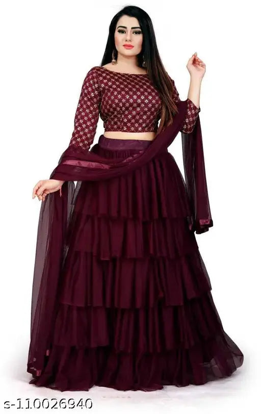 Maroon silk blend lehenga with net dupatta and ruffle bottom, Indian women's traditional semi-stitched outfit free size