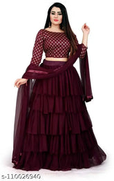 Maroon silk blend lehenga with net dupatta and ruffle bottom, Indian women's traditional semi-stitched outfit free size