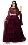 Maroon silk blend lehenga with net dupatta and ruffle bottom, Indian women's traditional semi-stitched outfit free size