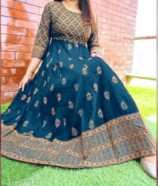 Classic rayon anarkali kurti with three-quarter sleeves, printed combo. Women's festive wear ethnic kurta in S, M, L, XL, XXL sizes