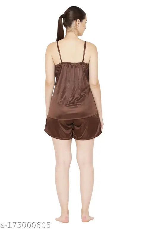 Siya alluring women's satin nightsuit set - solid net, sleeveless spaghetti top and shorts