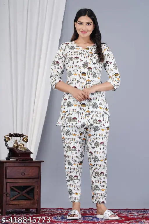 White rayon printed night suit and pyjama co-ord set, comfortable sleepwear for women