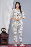 White rayon printed night suit and pyjama co-ord set, comfortable sleepwear for women
