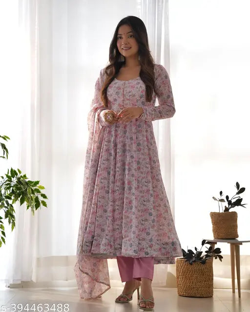 Traditional pink anarkali dance outfit, heavy orange chiffon floral print, padded churidar sleeves, lace dupatta work, India-made