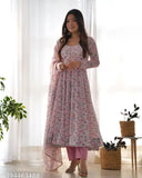 Traditional pink anarkali dance outfit, heavy orange chiffon floral print, padded churidar sleeves, lace dupatta work, India-made