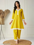Women's Yellow PolyCotton Kurta & Pant Coord Set, V-neck top with 3/4 sleeves and delicate lace detailing, effortless style and ease for everyday wear or relaxed outings. Sizes: S-XXL, perfect for sunny days or cozy evenings. Country of Origin: India