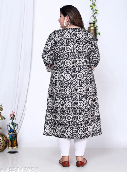 Black floral print plus size straight kurti, cotton fabric with three-quarter sleeves, Avnii Women's fashion for women, India origin