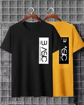 Black cotton blend round t-shirt pack 2, men's printed placement design by AZY Fabrics, short sleeves, size options: XS, M, XL