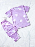 Heart print lavender silk blend ladies night suit, luxurious sleepwear set with t-shirt, pajamas, and drawstring elastic waistband bottoms, India