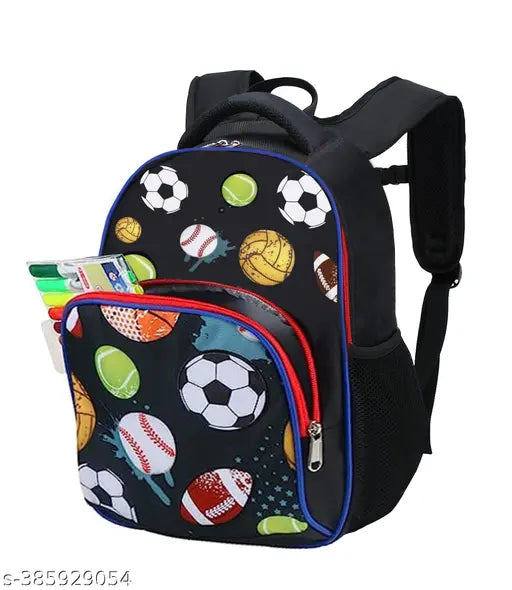 Polyester school backpack, spacious 26L with pencil pocket, ideal for Class 1-8 students, black ball design, free size (32cm x 28cm x 2cm), made in India