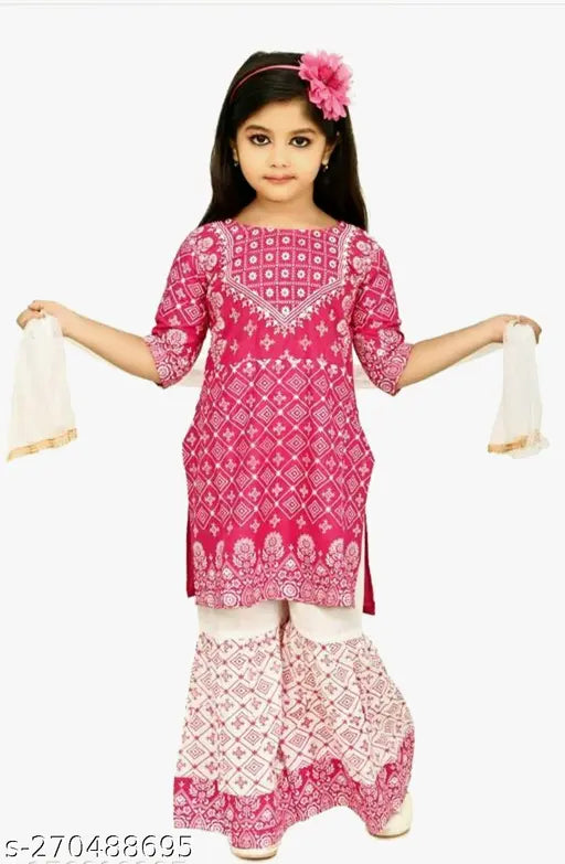 Pink Rayon Girls Kurti Palazzo Set with Printed Dupatta