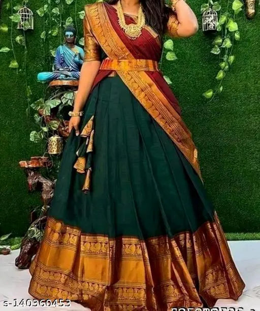 Traditional Art Silk Lehenga Choli and Chanderi Silk Dupatta for women and girls, Zari woven with litchi silk. South Indian wedding attire, unstitched and pairable with heels or flats. 100% quality, sizes from 11-16 years and free size available