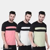 Black polyster half-sleeve t-shirt set combo with striped patterns in black, pink, white, and light green for men, size S to XXL