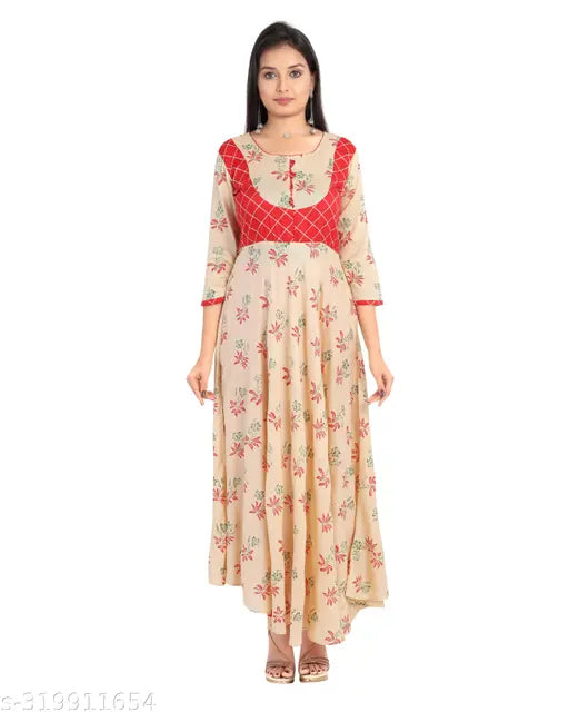Rayon long anarkali floral kurta, three-quarter sleeves, printed combo for women's fashion, India