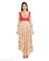 Rayon, three-quarter sleeve long anarkali floral kurta, printed combo. Indian women's fashion on mannequin
