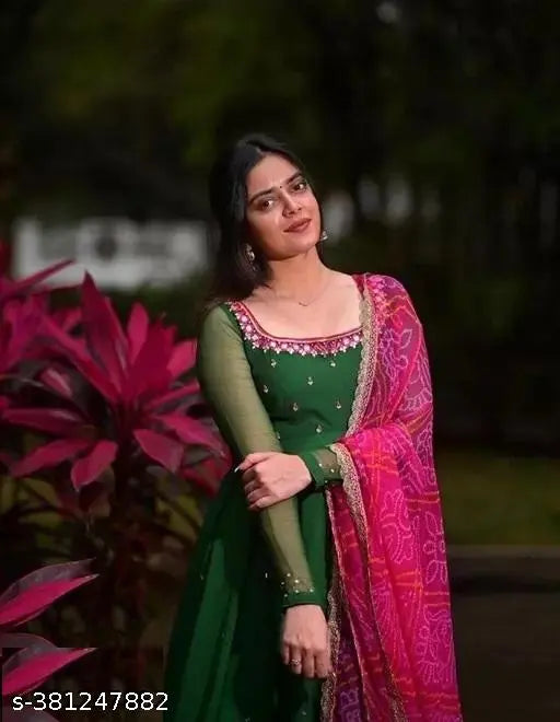 Georgette embroidered kurta set with Bandhani printed dupatta, Rashmika design in heavy georgette fabric, long sleeves, available in multiple sizes