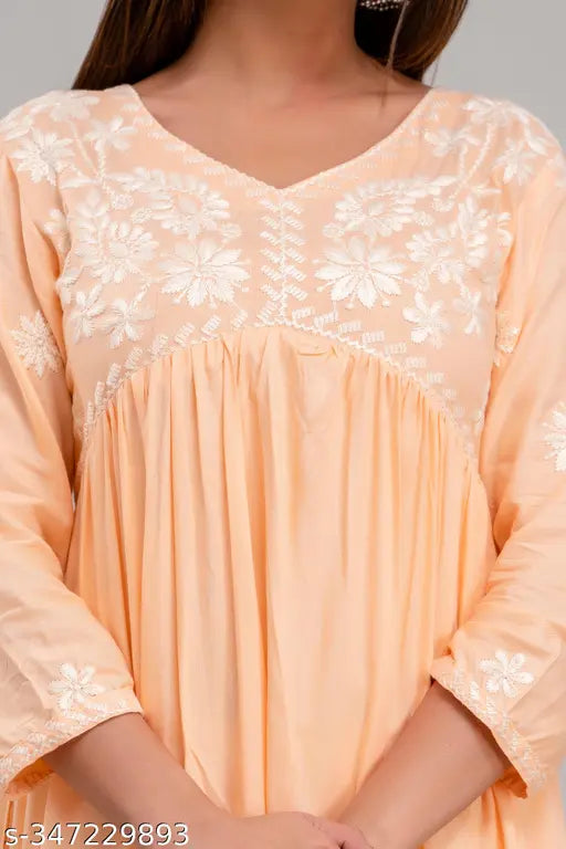 Rayon Alia Cut Kurti with Lucknowi Chikan Embroidery, three-quarter sleeves, S - XXL sizes, Indian designer women's fashion