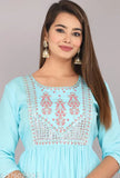Blue rayon embroidery kurti, three-quarter sleeve length, traditional and western touch for women's wardrobe