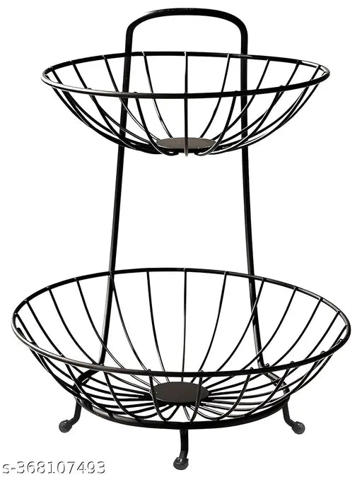 Stainless steel 2-tier black fruit basket, durable & sleek, holds 9 liters for dining/kitchen
