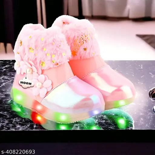 Lightweight pink LED party boots for kids aged 1-10, embellished design, slip-on style