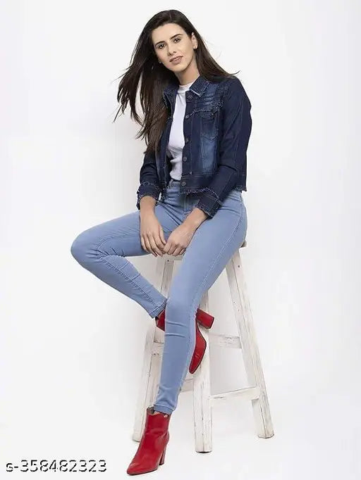 Stylish denim jacket for women, solid color, long sleeves, machine washable, regular fit, durable and versatile