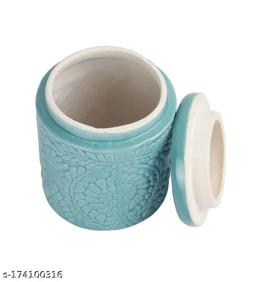 Green and off white ceramic storage jar, handcrafted and hand-painted, microsafe for kitchen use (Pack of 2)