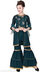 Green floral printed Anarkali Sharara Dupatta set for kids in georgette. Perfect party or festive wear