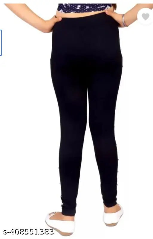 Black cotton blend jeggings - embellished solid net black, Indian made (11-12 years)