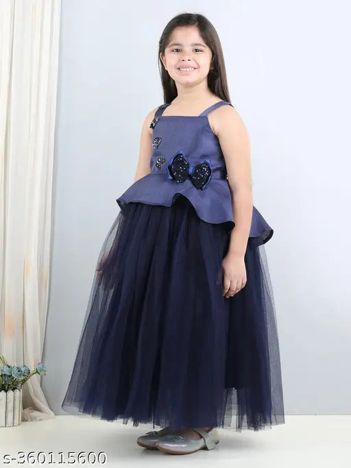 Navy blue net party dress for kids, full length with toy balloon print and shoulder straps