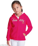 Pink cotton blend kids' fleece zipper hoodie with printed pattern, suitable for winter climates (Size: 2-3 Years - Bust 12in, Length 15in, Hip 12in, Waist 11in)