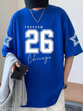 Royal Blue Oversized Unisex Cotton T-Shirt, printed net design, three-quarter sleeves. Sizes M to XXXL, origin India